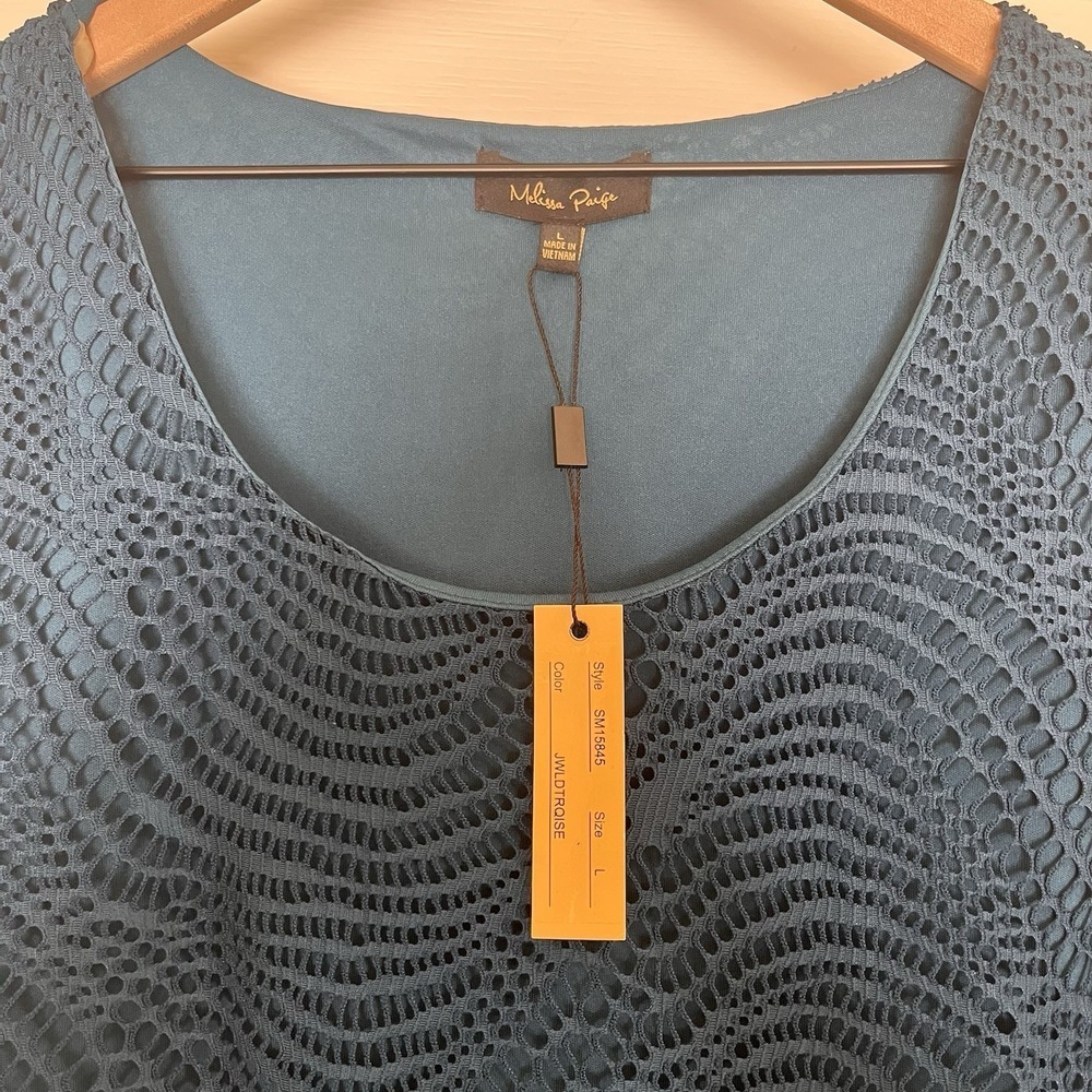 Melissa Paige Crochet Fringe Blouse Boho Hippie Flowy Size Large NWT Blue - Picture 2 of 7